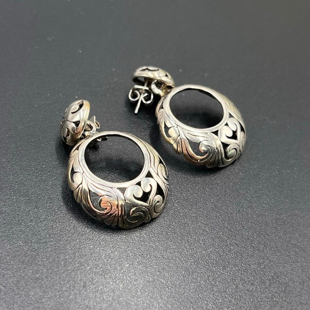 Vintage Sterling Silver 925‎ Pierced Post Hoops Cut Out Scroll Work Earrings